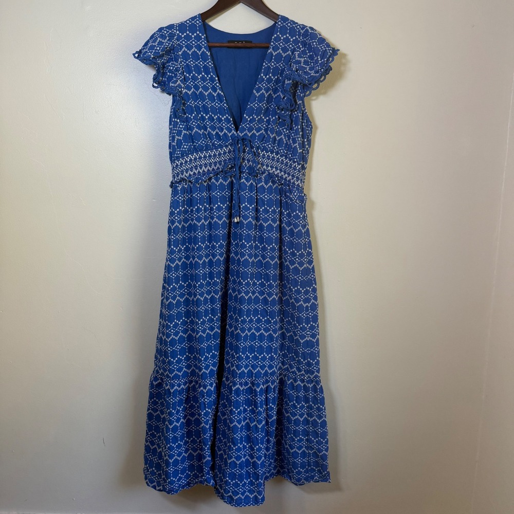 o.p.t Embroidered Ruffle Smocked Tiered Midi Dress Size Large Blue